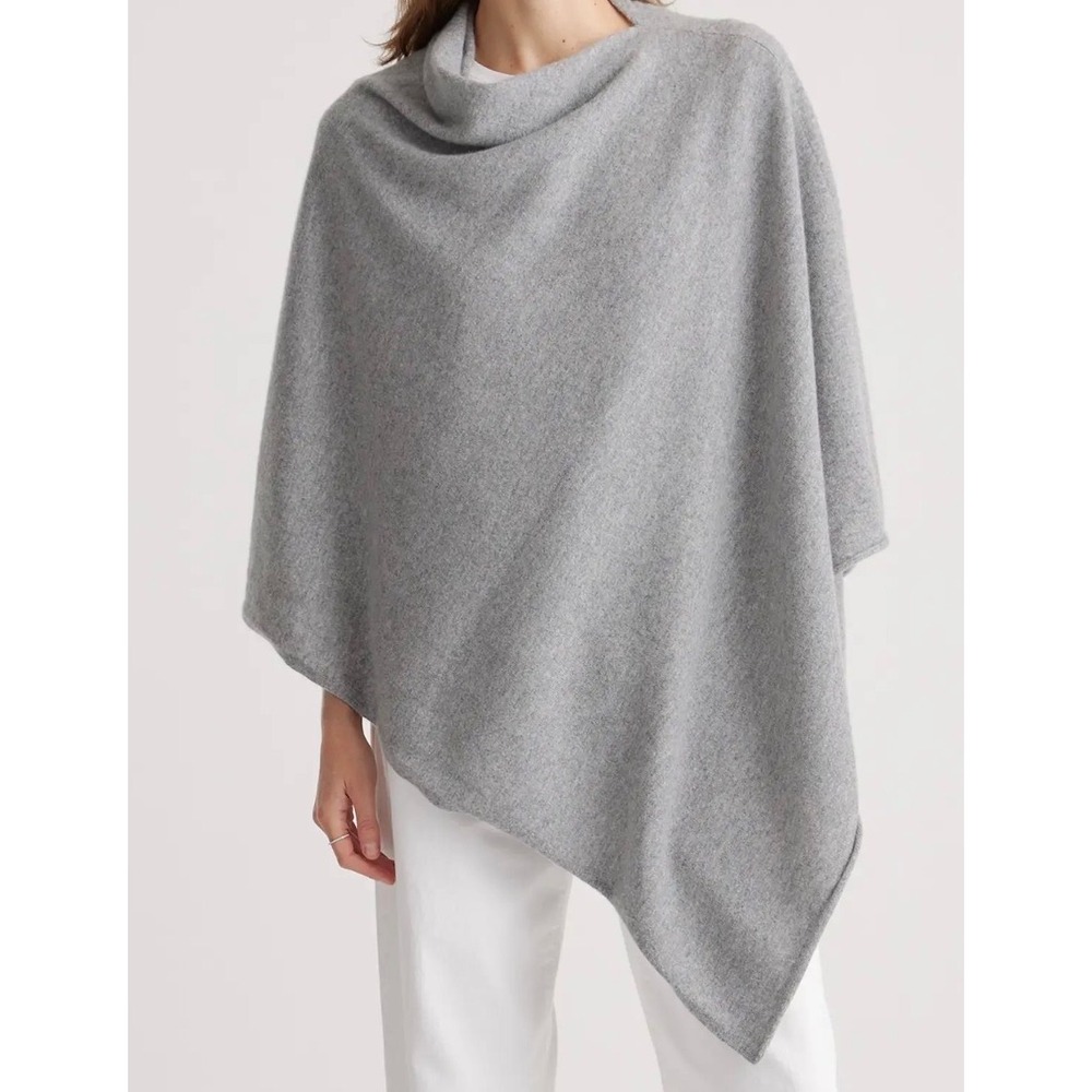 Quince Mongolian Cashmere Poncho Heather Grey Asymmetrical Wrap Cowl Neck OS